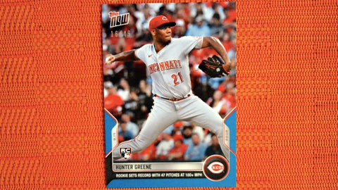 2022 Topps Now #916 Hunter Greene - Rookie Sets Record with 47 Pitches at 100+ MPH 16/49 Blue