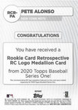 2020 Topps #RCR-PA Pete Alonso Rookie Card Retrospective RC Logo Medallion