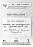 2020 Topps #RCR-CK Clayton Kershaw Rookie Card Retrospective RC Logo Medallion