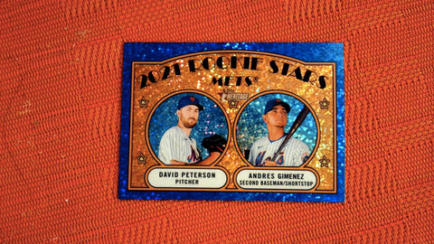 2021 Topps Heritage #5 2021 Rookie Stars - Mets - Andres Gimenez / David Peterson Chrome Blue Sparkle