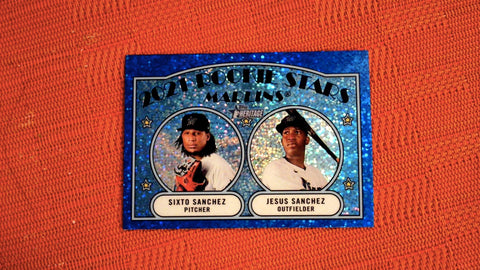 2021 Topps Heritage #15 2021 Rookie Stars - Marlins - Sixto Sanchez / Jesus Sanchez Chrome Blue Sparkle