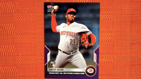 2022 Topps Now #61 Reds RC: Throws Most 100+ MPH Pitches in Single Game 5/25 Purple