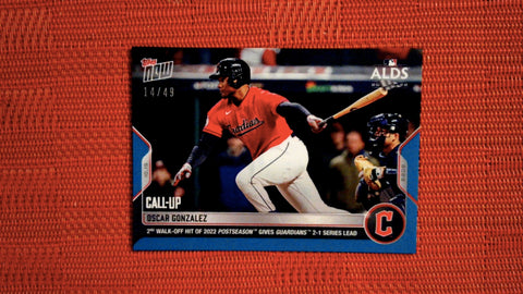 2022 Topps Now #1087 Oscar Gonzalez -2nd Walk-Off Hit of 2022 Postseason Gives Guardians 2-1 Series Lead 14/49 Blue