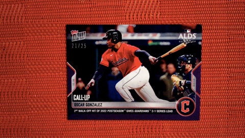 2022 Topps Now #1087 Oscar Gonzalez - 2nd Walk-Off Hit of 2022 Postseason Gives Guardians 2-1 Series Lead 21/25 Purple