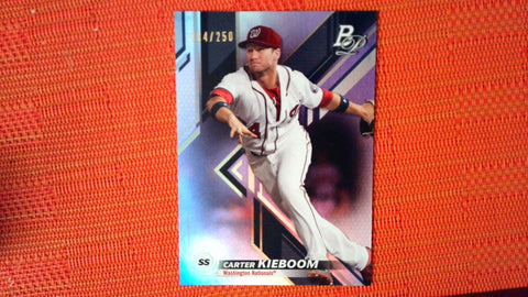2019 TOPPS BOWMAN PLATINUM BASEBALL CARD - # TOP-74 - CARTER KIEBOOM Purple /250