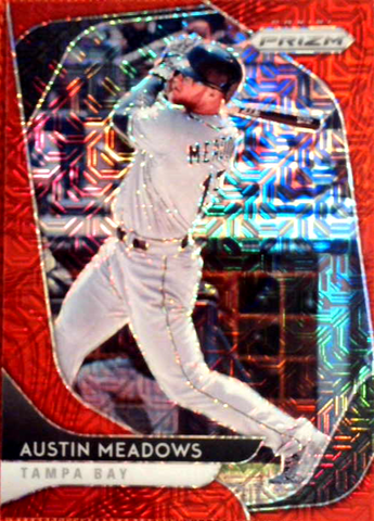 A trading card featuring Austin Meadows of the Tampa Bay Rays with a red and blue background, indicating it's a 2020 Panini Prizm Prizm.